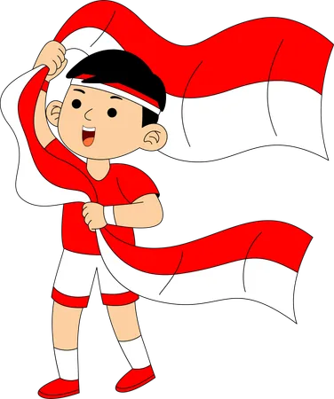 Niño indonesio sosteniendo la bandera de Indonesia  Ilustración