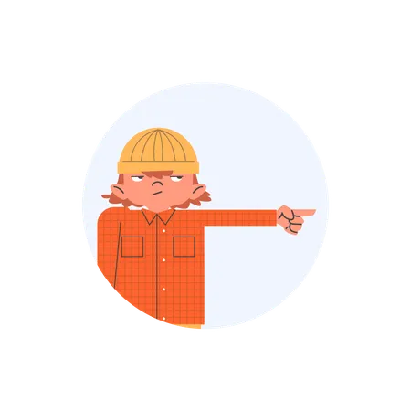Niño insatisfecho con sombrero amarillo señala con el dedo  Ilustración