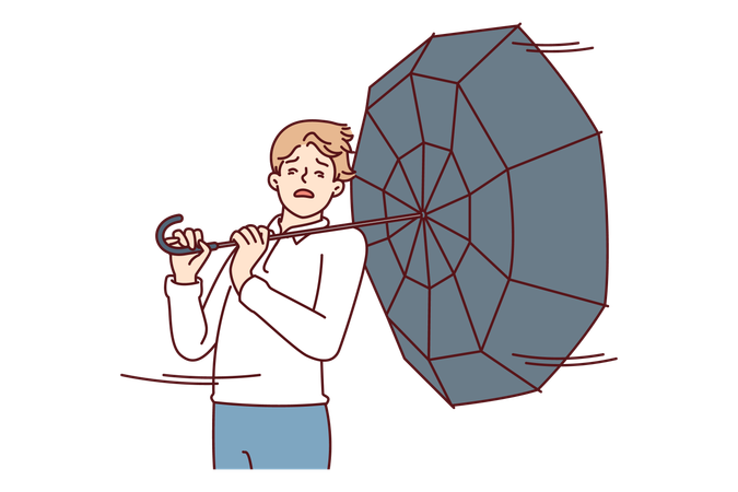 Niño tratando de sostener el paraguas con fuerza  Ilustración