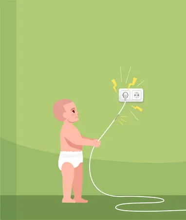 Un niño interesado toca un cable defectuoso  Ilustración