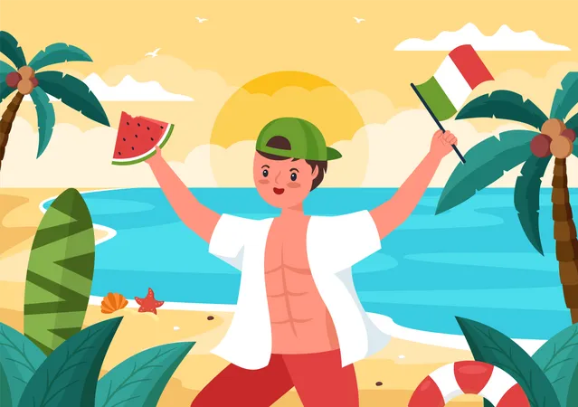 Festival De Verano Italiano Buon Ferragosto En La Playa Ilustracion De Dibujos Animados En Un Dia Festivo Celebrado El 15 De Agosto En Un Diseno De Estilo Plano Ilustración