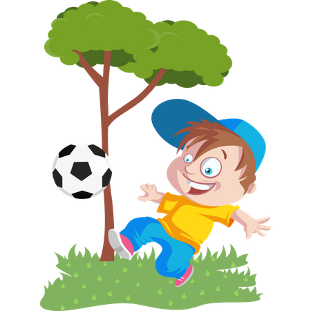 Niño jugando al fútbol en el parque  Ilustración