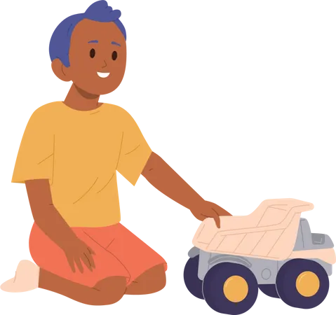 Niño jugando camión volquete de juguete  Ilustración