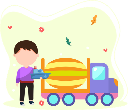 Niño jugando con barco de juguete  Ilustración