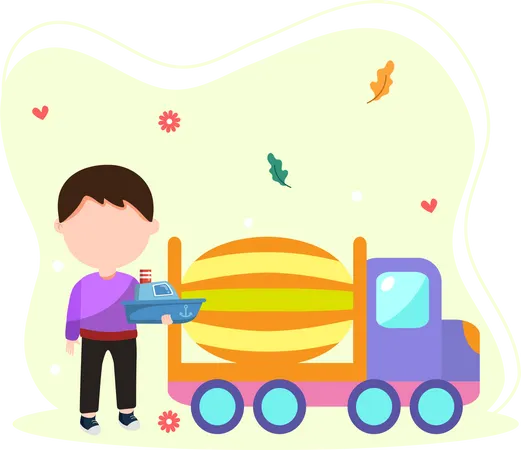 Niño jugando con barco de juguete  Ilustración