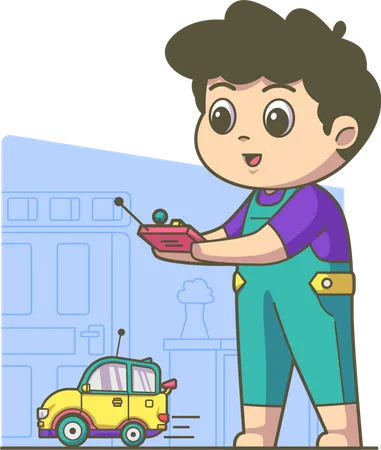 Niño jugando con coche de control remoto  Ilustración