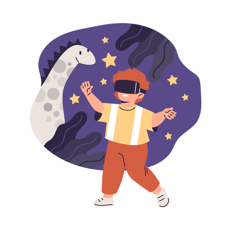 Niño jugando con gafas de realidad virtual en un mundo virtual con dinosaurios  Ilustración
