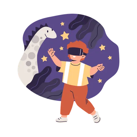Niño jugando con gafas de realidad virtual en un mundo virtual con dinosaurios  Ilustración