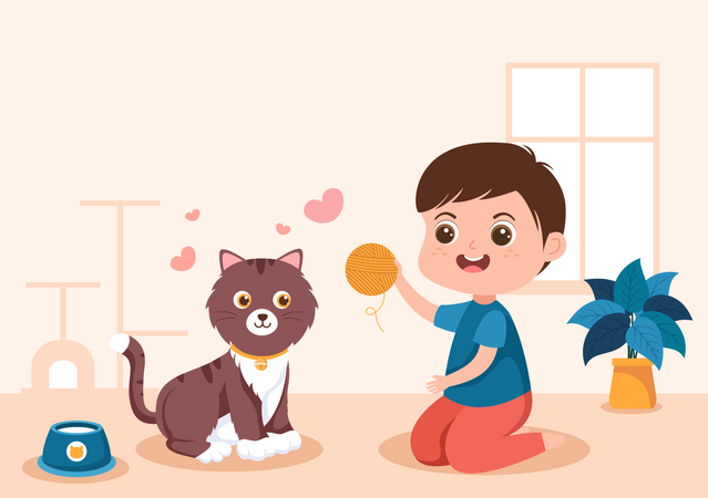 Niño jugando con gato  Ilustración