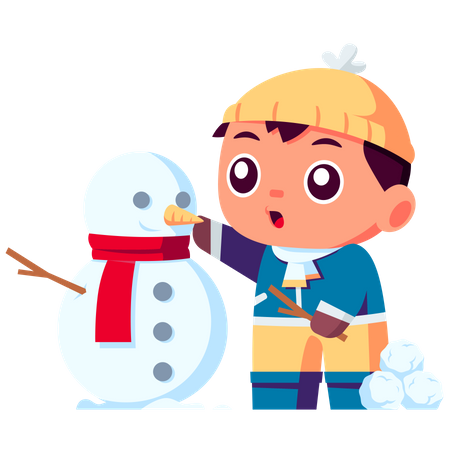 Niño jugando con muñeco de nieve  Ilustración