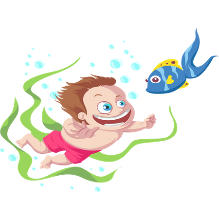 Niño jugando con pescado  Ilustración