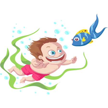 Niño jugando con pescado  Ilustración