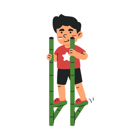Niño jugando con zancos de bambú  Ilustración