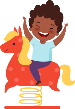 Niño jugando en caballo de juguete  Ilustración