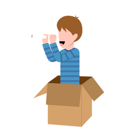 Niño jugando en caja sosteniendo telescopio  Ilustración