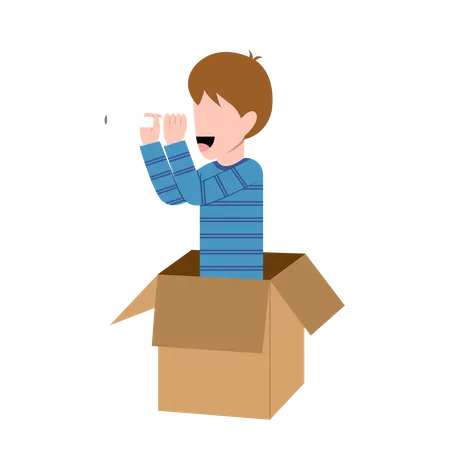 Niño jugando en caja sosteniendo telescopio  Ilustración