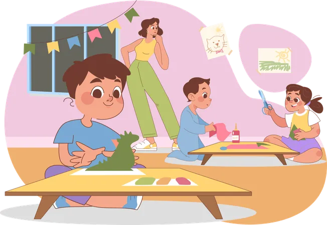 Niño jugando en preescolar  Ilustración