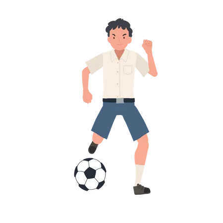 Niño jugando al fútbol después de la escuela  Ilustración