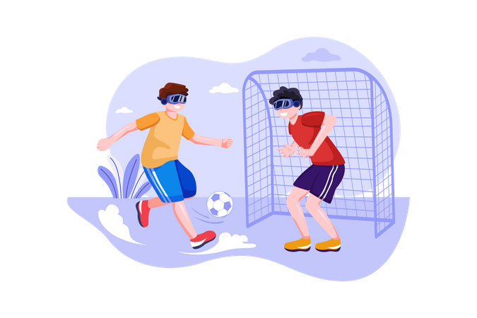 Niño jugando al fútbol usando tecnología vr  Ilustración
