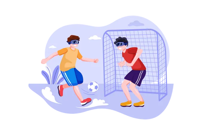 Niño jugando al fútbol usando tecnología vr  Ilustración