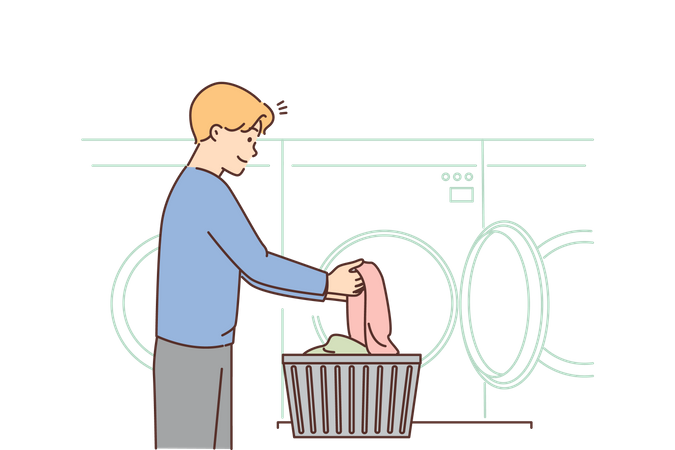 Niño lavando ropa en el centro de lavandería  Ilustración