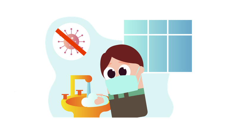 Niño lavándose las manos para protegerse contra virus  Ilustración