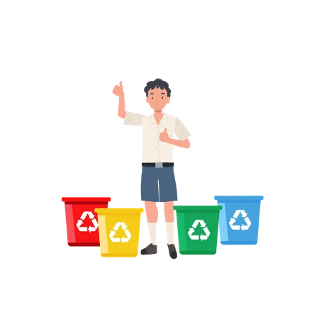 Un niño levantando el pulgar mientras explicaba el color de la papelera de reciclaje  Ilustración