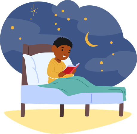 Niño leyendo un libro en la cama por la noche  Ilustración