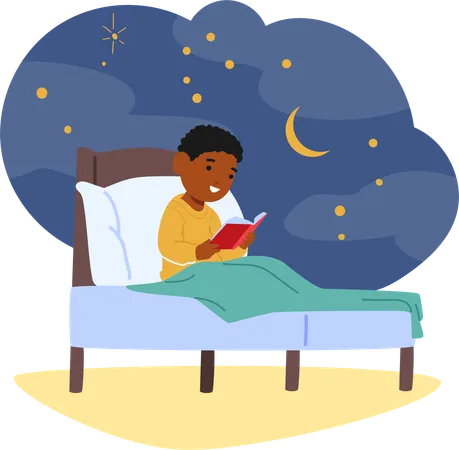 Niño leyendo un libro en la cama por la noche  Ilustración