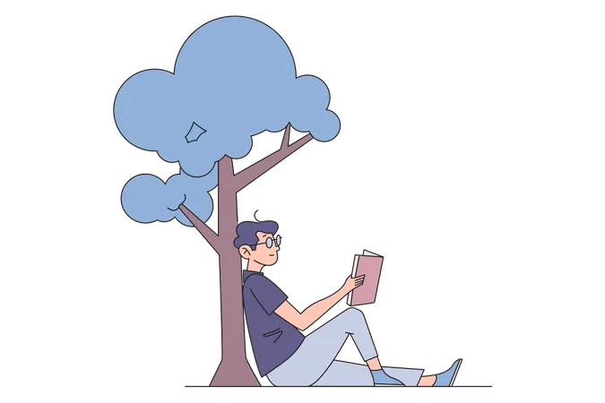 Niño leyendo un libro sentado bajo un árbol  Ilustración