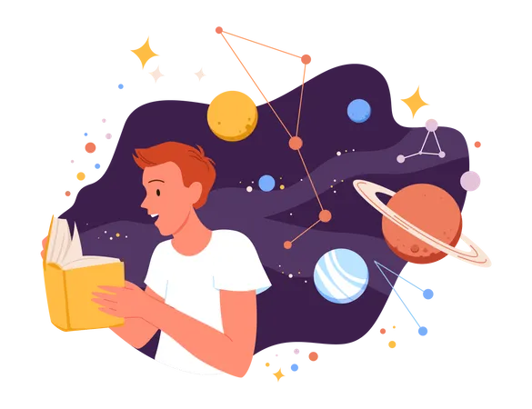 Niño leyendo sobre el espacio  Ilustración