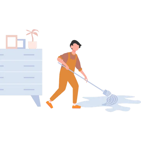 Un joven limpiando el suelo con un trapeador  Ilustración