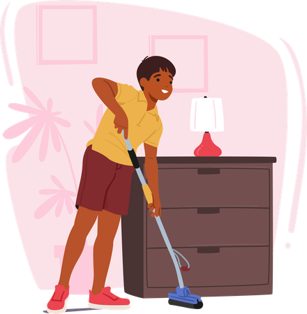 Niño limpiando piso con escoba  Ilustración