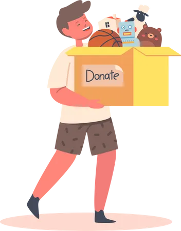 Un niño pequeño lleva una caja de cartón grande con juguetes donados  Ilustración