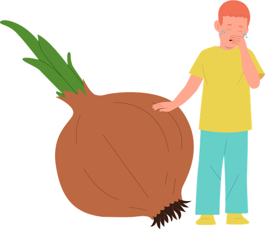 Niño llorando parado cerca de la cebolla  Ilustración