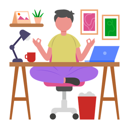 Niño haciendo meditación durante el trabajo  Ilustración