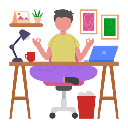 Niño haciendo meditación durante el trabajo  Ilustración