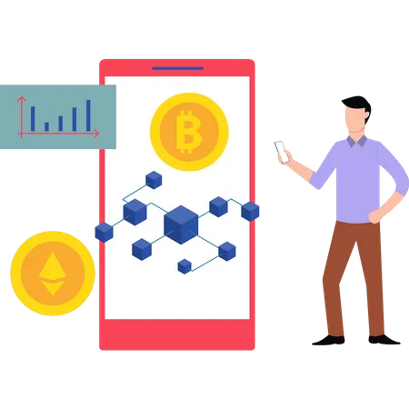 Niño mirando la cadena de bloques bitcoin  Ilustración