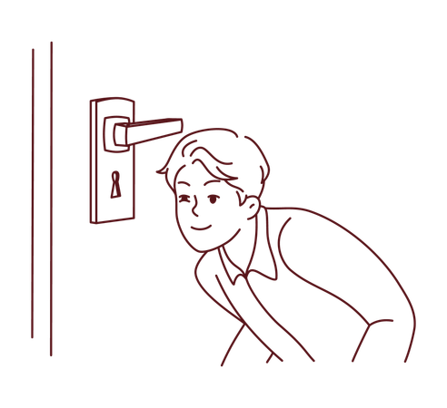 Niño asomándose desde el ojo de la cerradura de la puerta  Ilustración