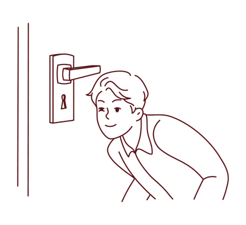Niño asomándose desde el ojo de la cerradura de la puerta  Ilustración