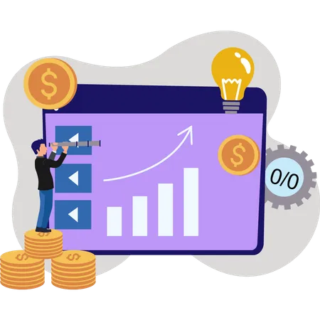 Un joven mirando el gráfico del dólar en la página web  Ilustración