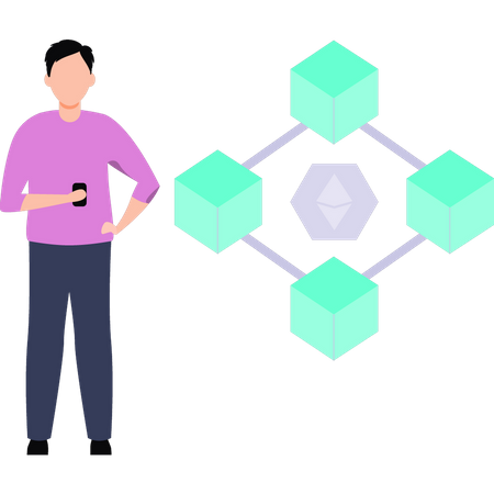 Niño mirando la cadena de bloques Ethereum  Ilustración