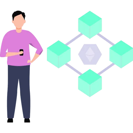 Niño mirando la cadena de bloques Ethereum  Ilustración