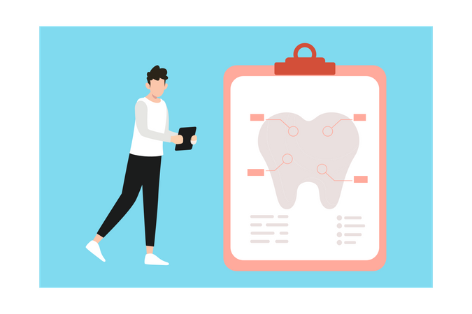 Niño mirando informe dental  Ilustración