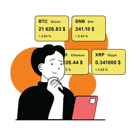 Niño mirando los precios de las criptomonedas  Ilustración