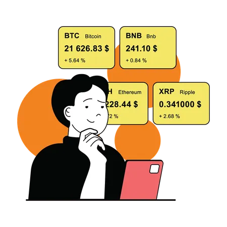 Niño mirando los precios de las criptomonedas  Ilustración