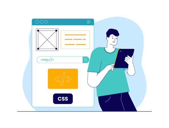 Niño mirando el wireframe mientras hace codificación CSS  Ilustración