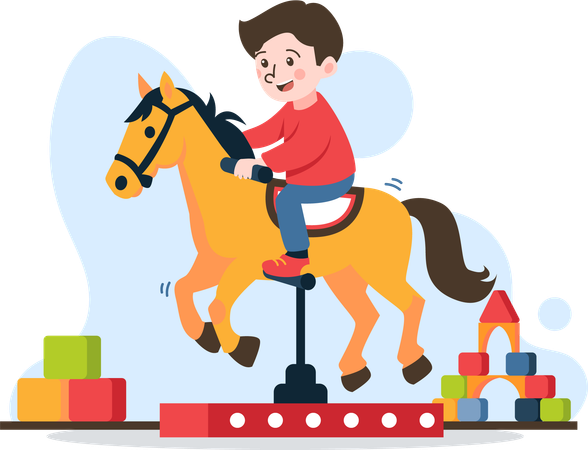 Niño montado en caballo de juguete  Ilustración