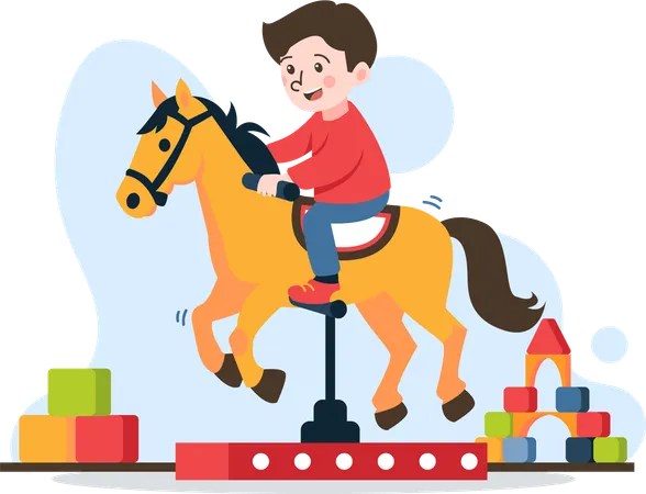 Niño montado en caballo de juguete  Ilustración