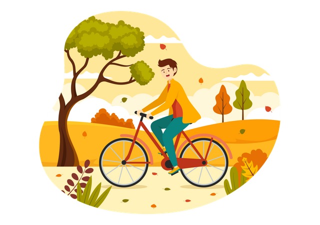 Niño montando en bicicleta en el parque de otoño  Ilustración
